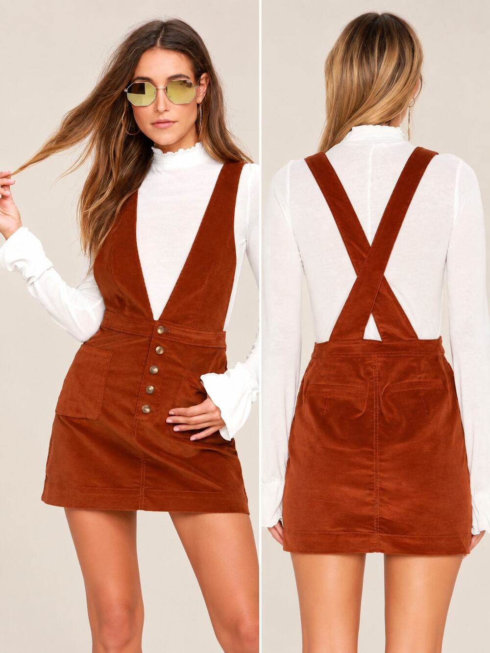 Free People Old School Love Corduroy Pinafore Mini Dress Plunge Sleeveless